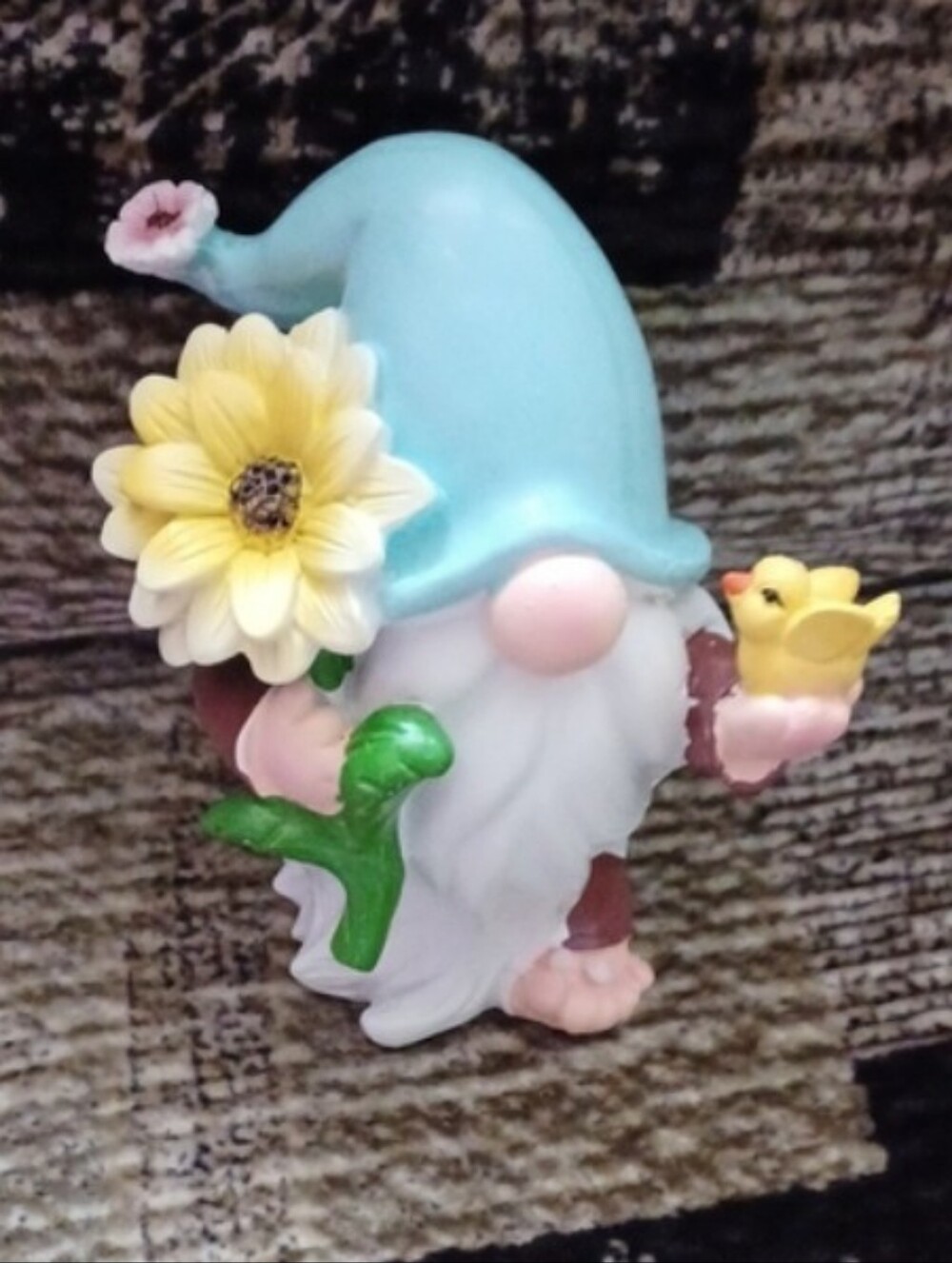 4/$40 New Decorative Blue-Hat Gnome Figurine with Yellow Flower & Bird